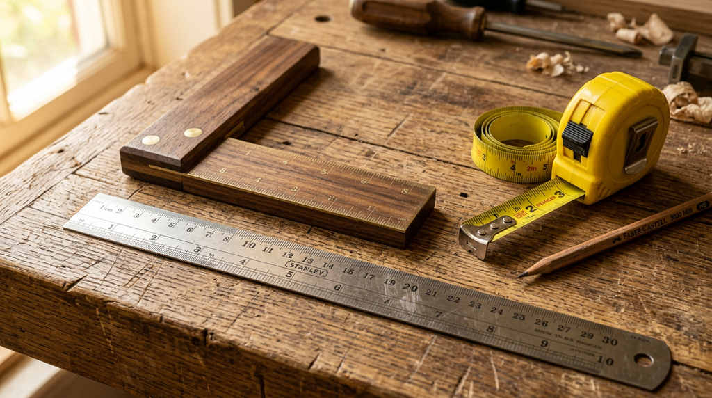 beginner woodworking tools measuring tape and square