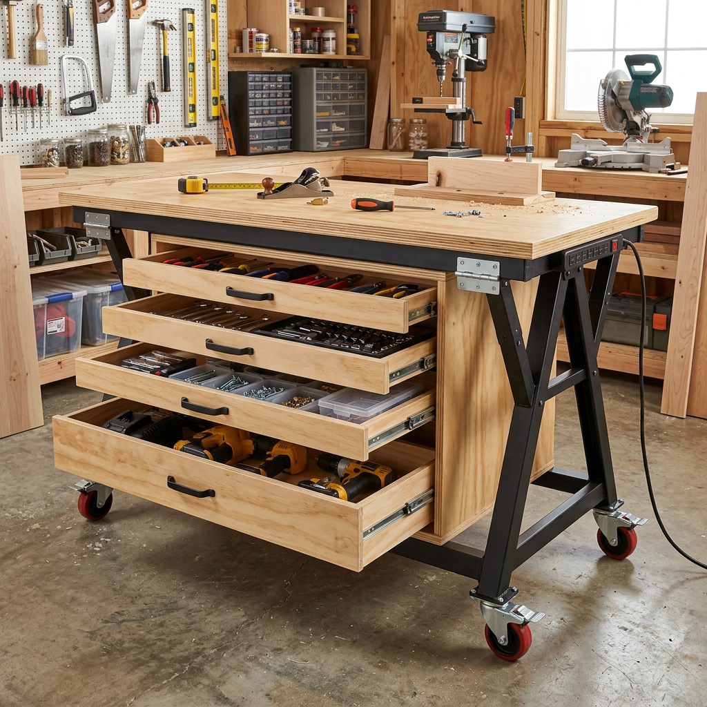 Small workshop setup featuring a multi-purpose workbench for limited spaces