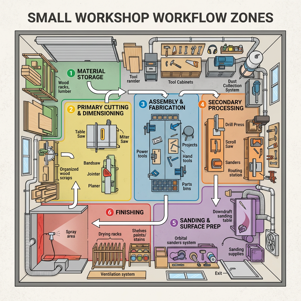 Small workshop setup layout plan showing organized workflow zones