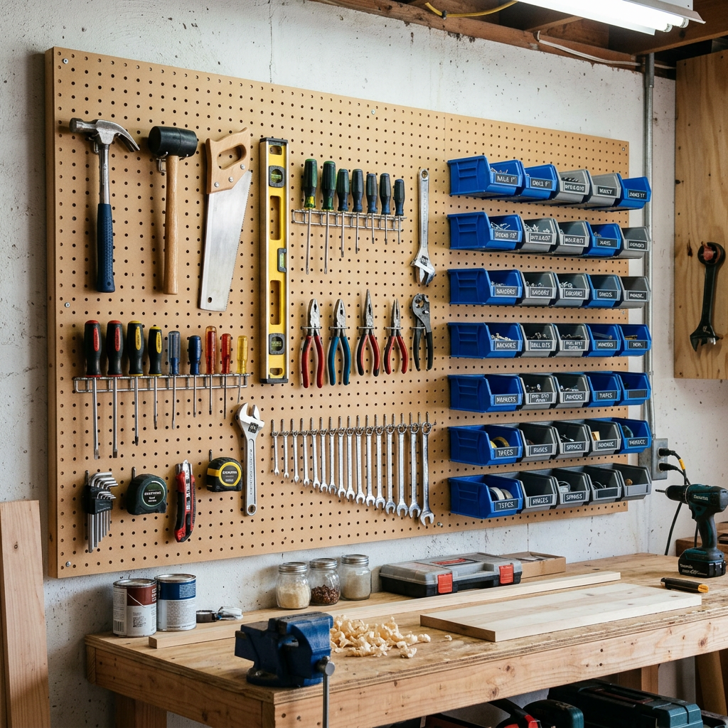 Small workshop setup with pegboard tool storage solutions and workshop organization