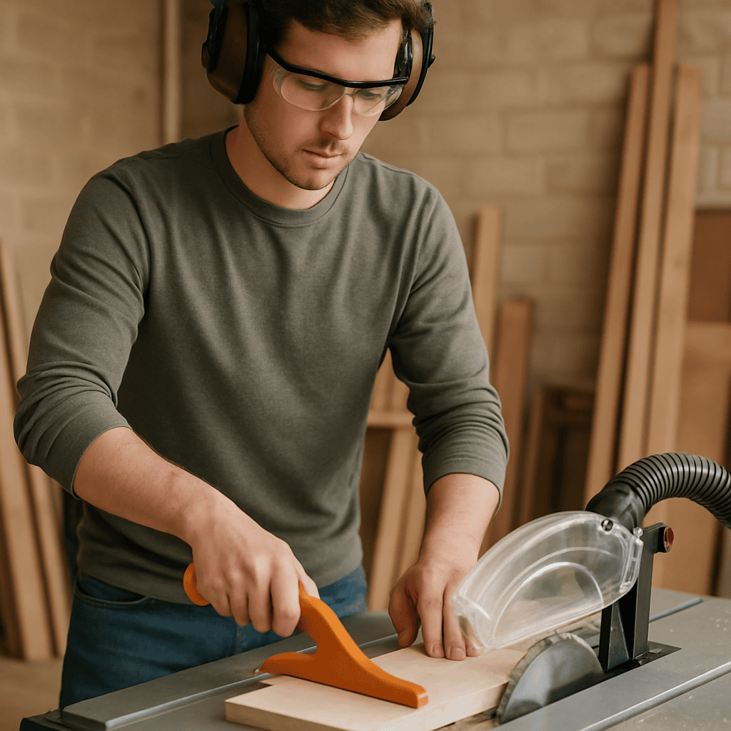 Woodworking safety tips illustrating safe table saw operation with blade guard, push stick, and proper body positioning