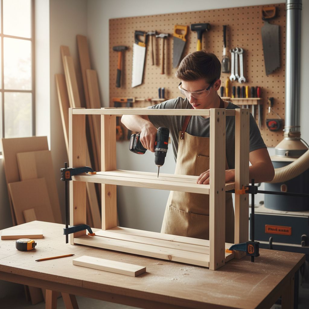 Beginner building a woodworking project by assembling a simple wooden shelf with essential woodworking tools.