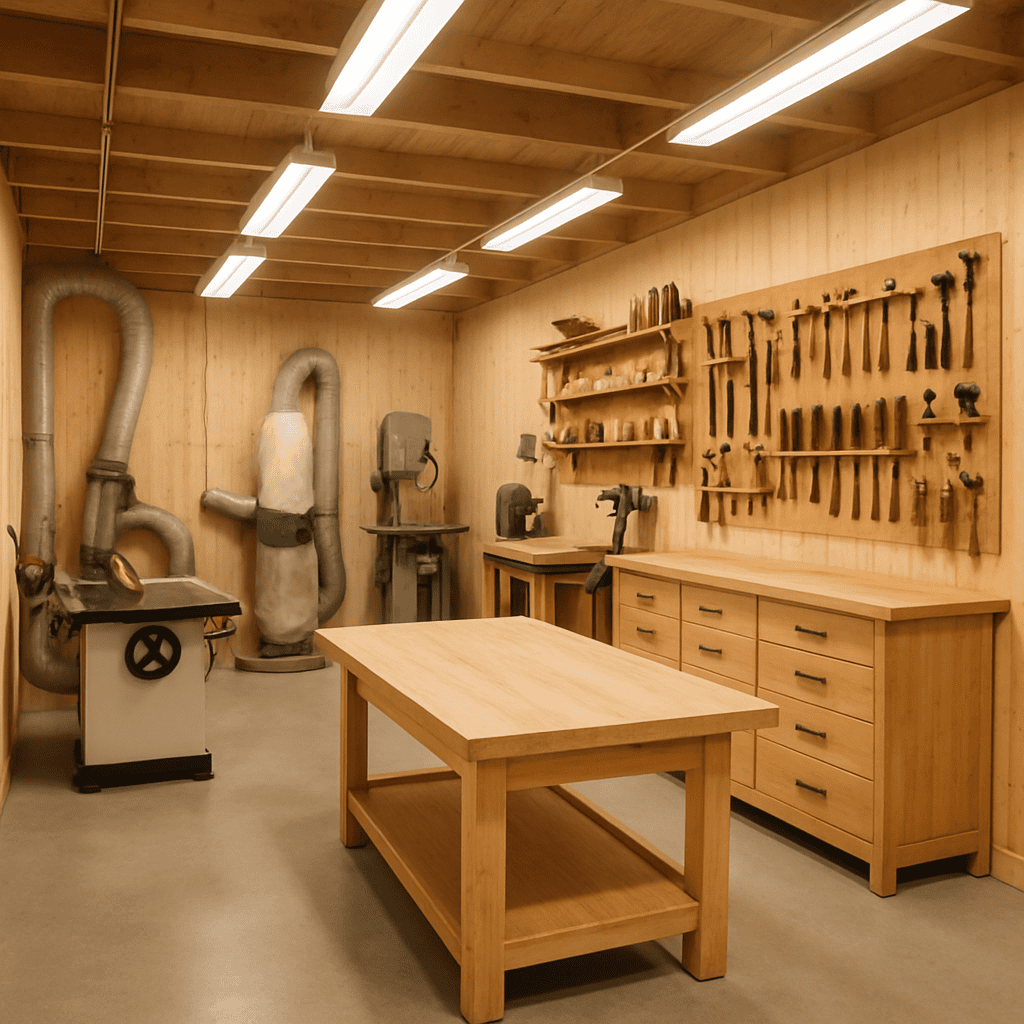Woodworking safety tips demonstrating a clean, organized woodworking workshop with dust collection and proper tool storage