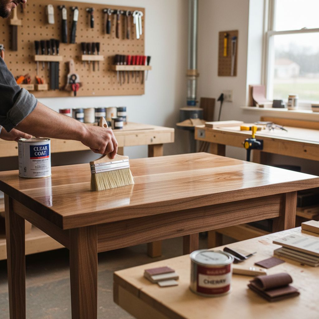 Beginner applying finishing techniques for woodworking with a clear protective finish on a handcrafted wooden table