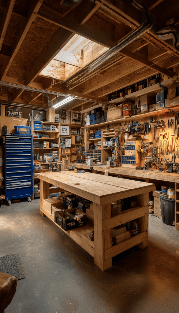 Woodworking tool safety demonstrated in a clean, organized woodworking workshop with proper storage and dust collection.