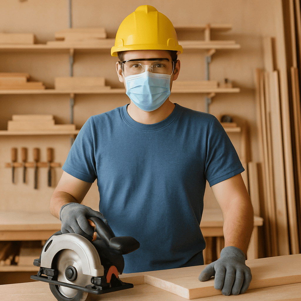 Woodworking safety tips for beginners wearing personal protective equipment in a clean and organized woodworking workshop