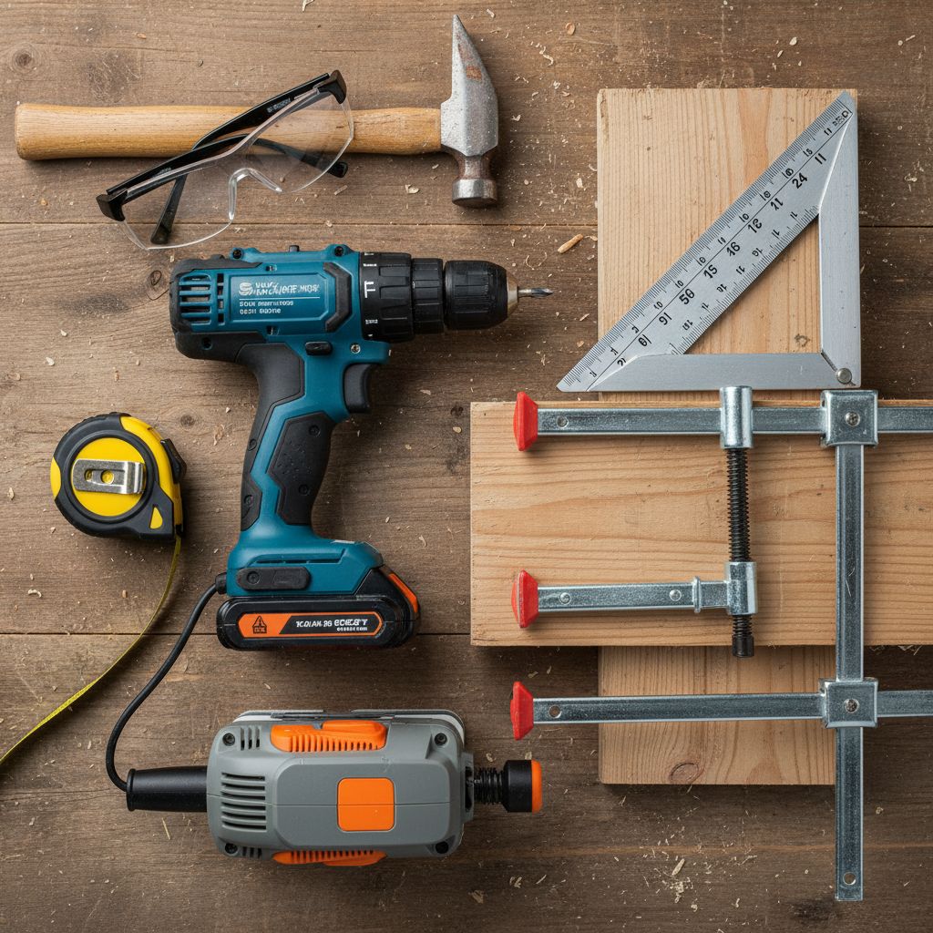 Essential tools for building a woodworking project including drill, saw, clamps, measuring tape, and safety equipment.