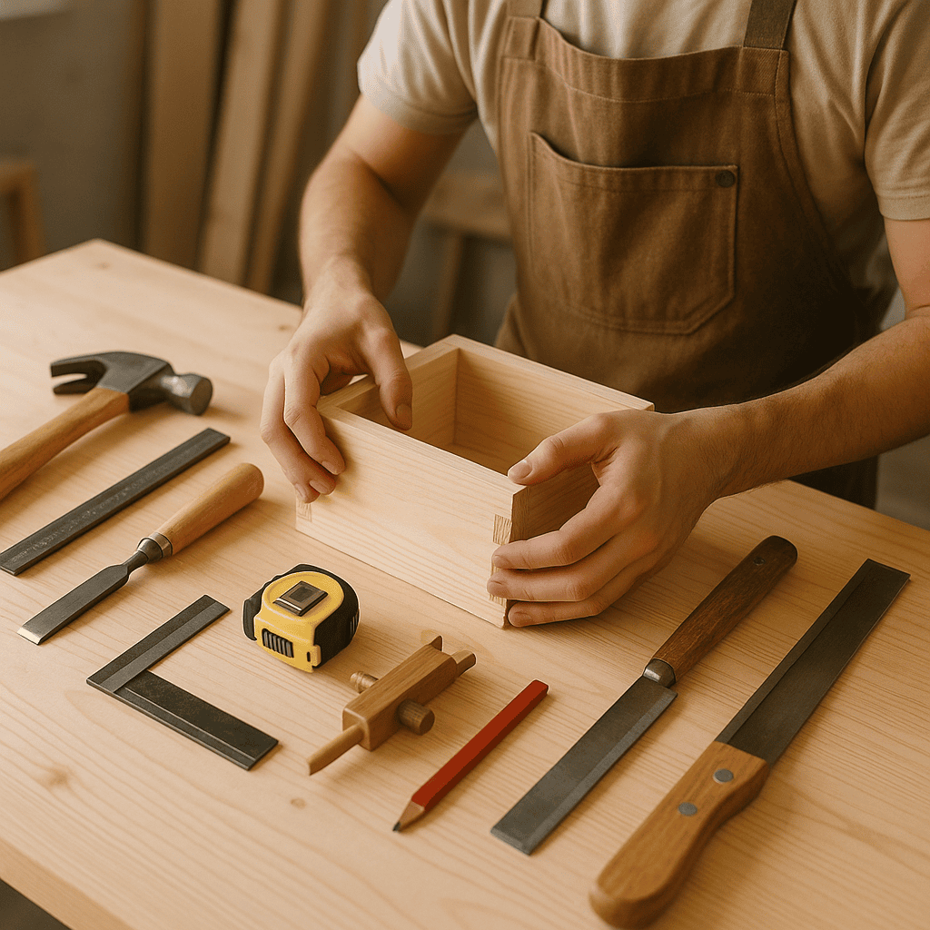 Joinery techniques for beginners demonstrated by a beginner assembling simple woodworking joints on a wooden workbench