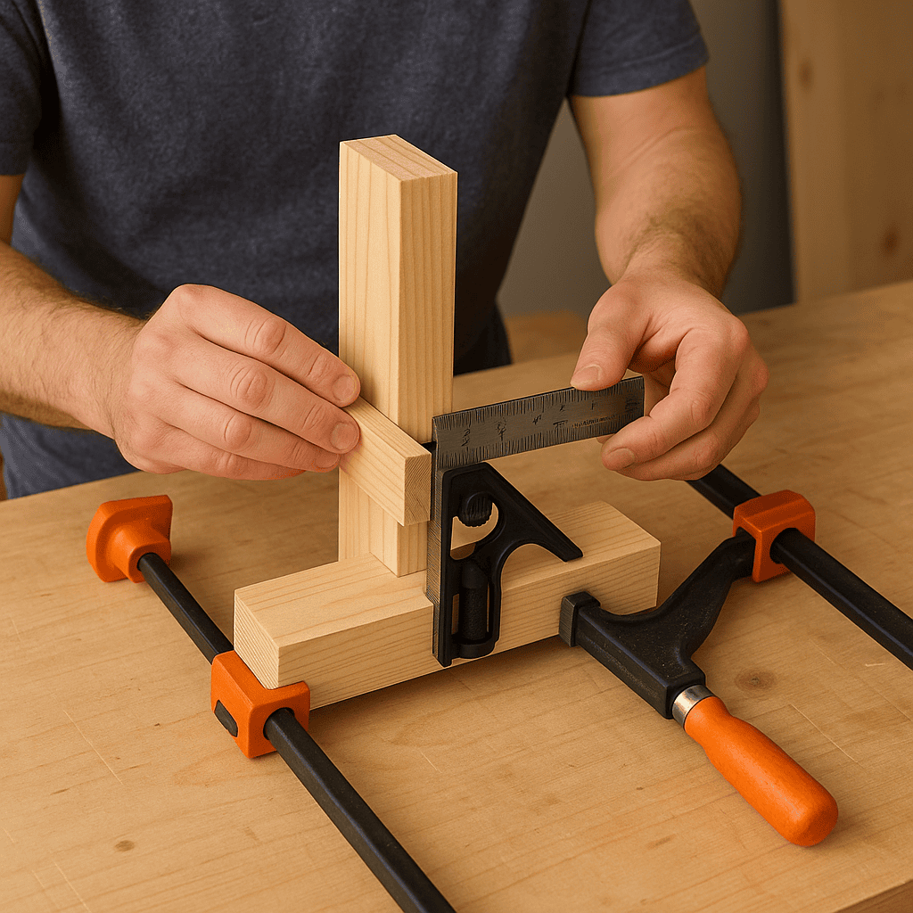 Joinery techniques for beginners showing accurate measuring, dry fitting, and clamping during basic joinery practice