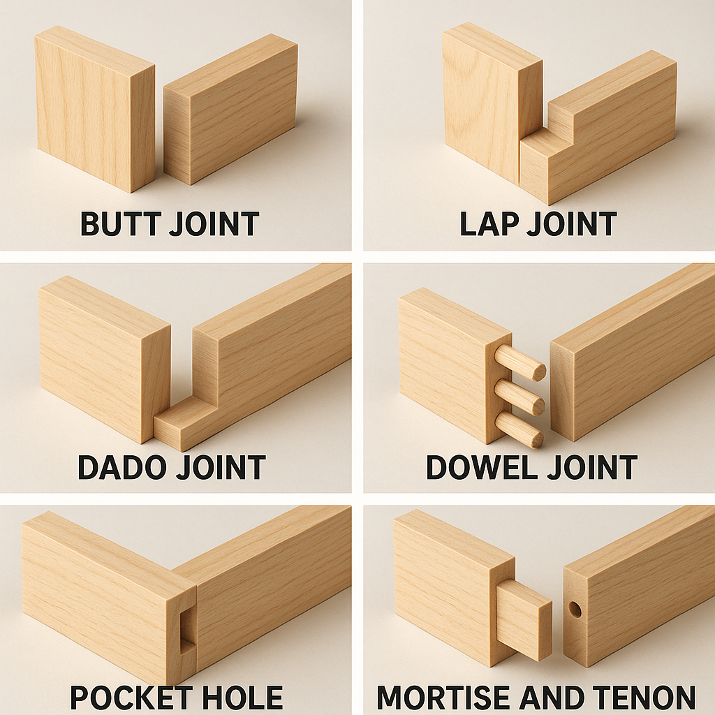 Joinery techniques for beginners showing common woodworking joints including butt, lap, rabbet, dado, dowel, and pocket hole joints