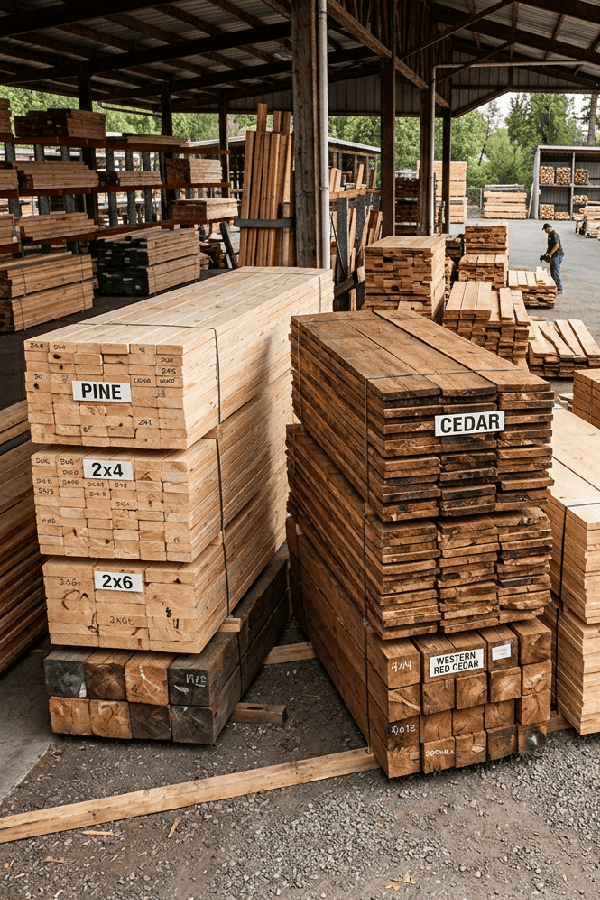 Hardwood vs. Softwood softwood lumber including pine, cedar, spruce, and Douglas Fir used for construction