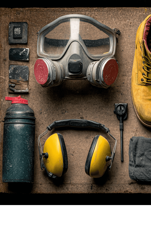 Woodworking tool safety equipment including safety glasses, hearing protection, respirator, apron, and protective footwear.