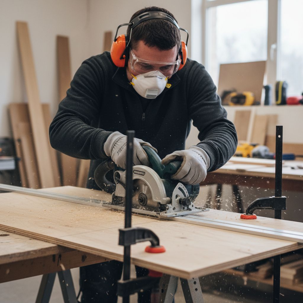 Safe practices while building a woodworking project using protective gear and proper woodworking techniques.