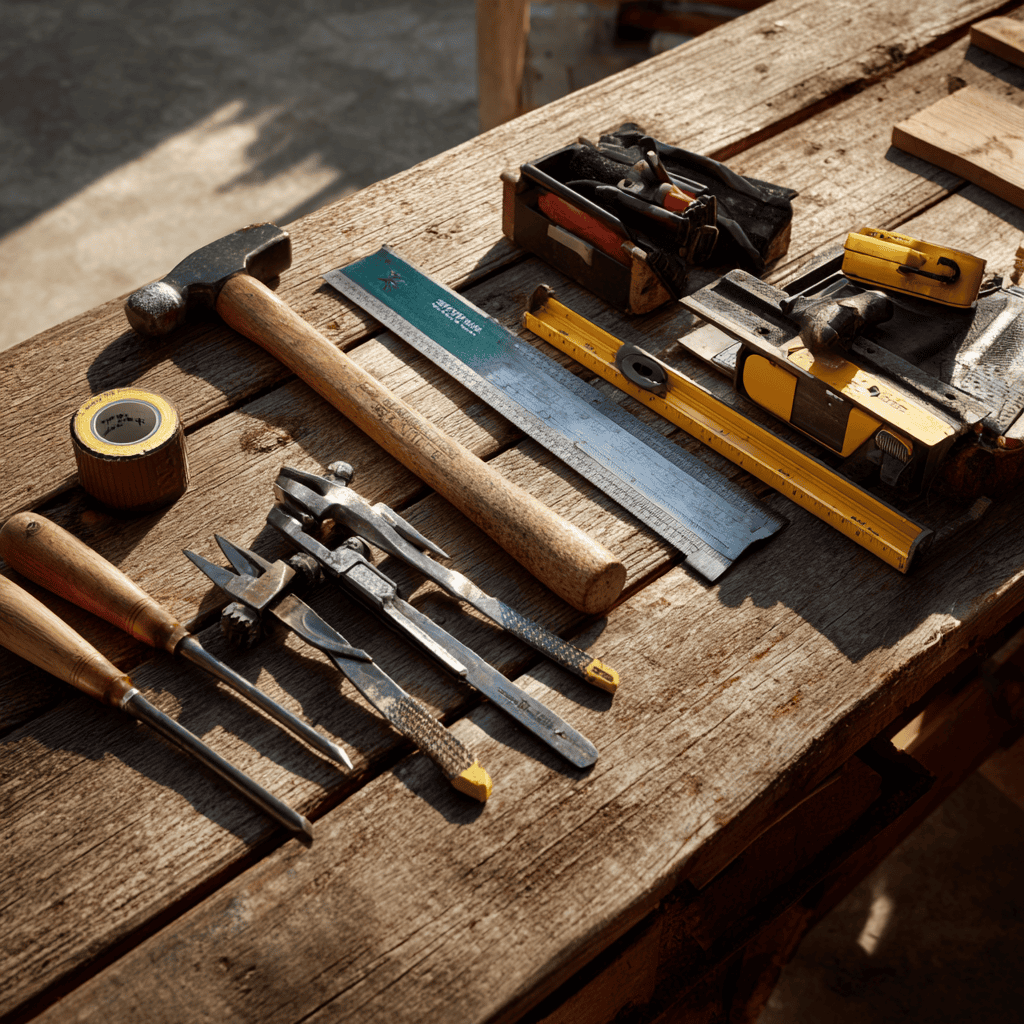 Woodworking tools guide featuring essential woodworking hand tools including chisels, hand plane, measuring tools, and clamps