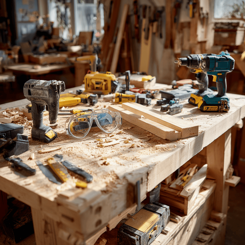 Woodworking tools guide showing essential beginner woodworking hand tools and power tools organized on a workshop bench