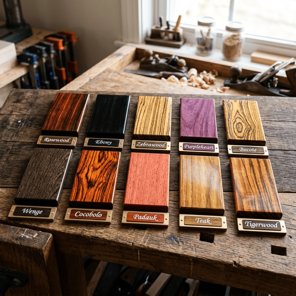 A clean side-by-side comparison of poplar, pine, plywood, and MDF showcasing their wood types.