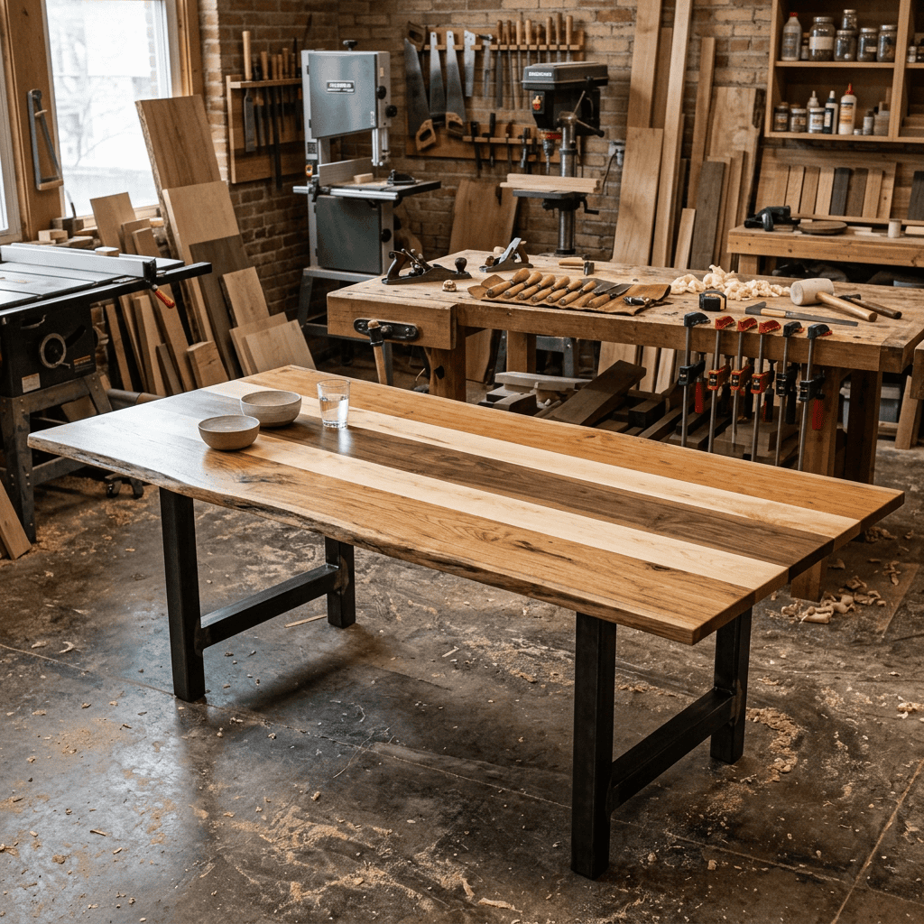 Flat lay of various woods explaining hardness using the Janka scale for different wood types.
