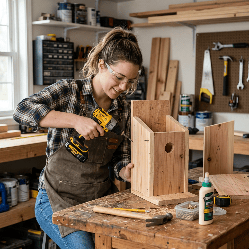 DIY birdhouse plans showing step-by-step birdhouse assembly using simple woodworking techniques for beginners.