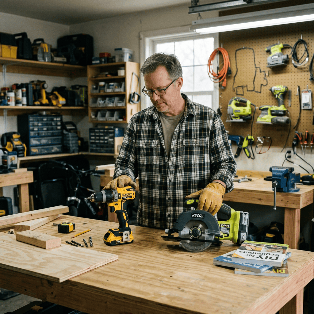 Beginner selecting woodworking tools for DIY while comparing versatile power tools for home woodworking projects.