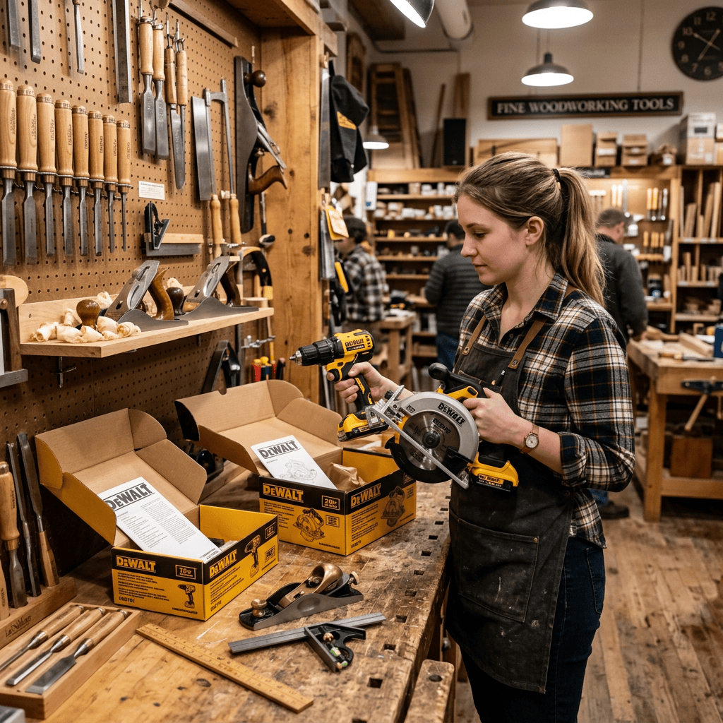 Beginner comparing quality woodworking tools, including hand tools and power tools before purchasing.