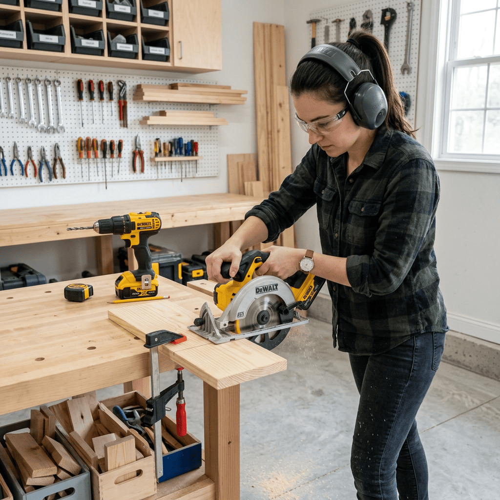 Essential woodworking tools for beginners including a cordless drill, circular saw, and random orbital sander.