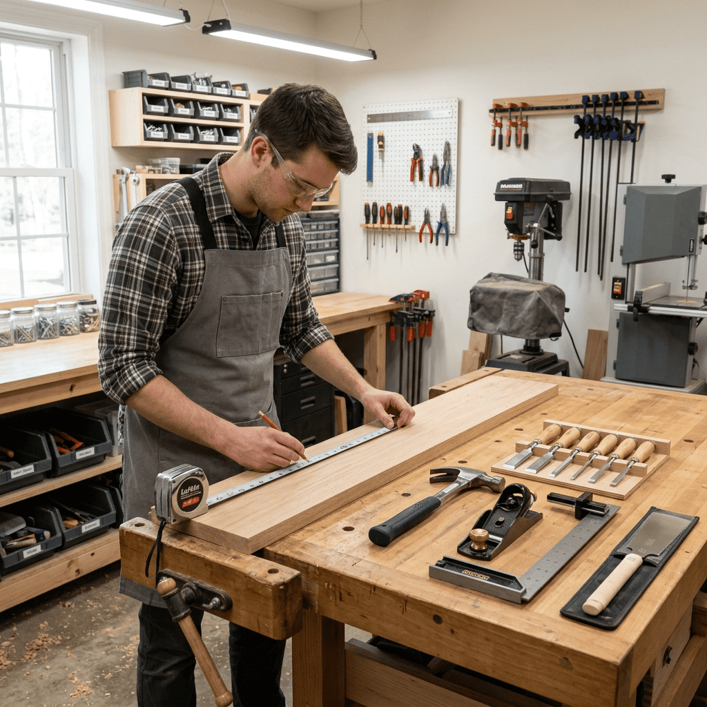 A beginner woodworker examining a project with common woodworking mistakes highlighted.