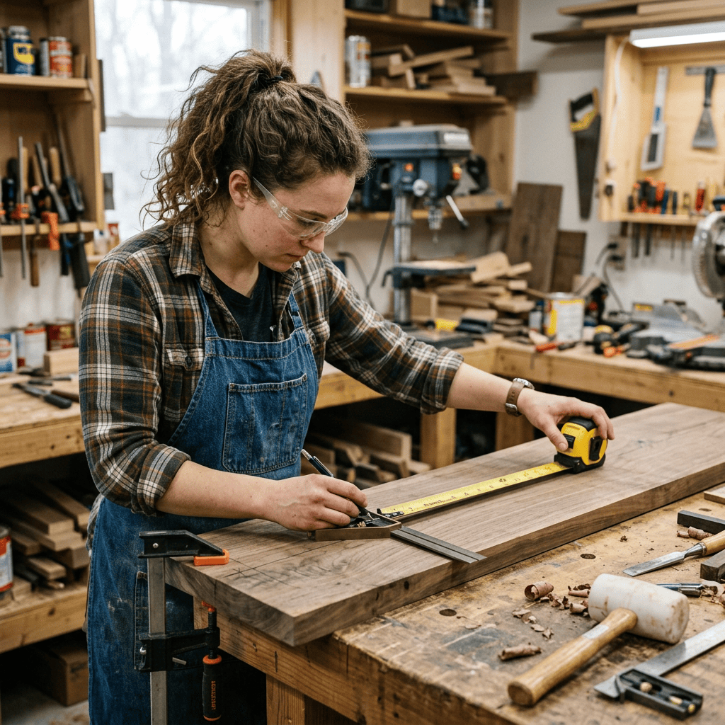 Essential hand tools being used to measure and mark wood accurately before cutting in a woodworking workshop.
