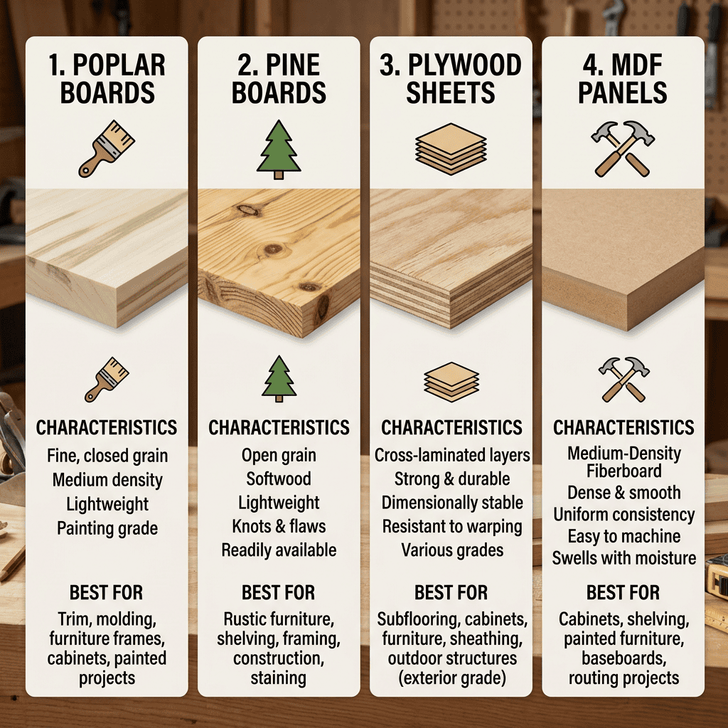 Side-by-side display highlighting key differences in hardwood vs. softwood among various woodworking projects.