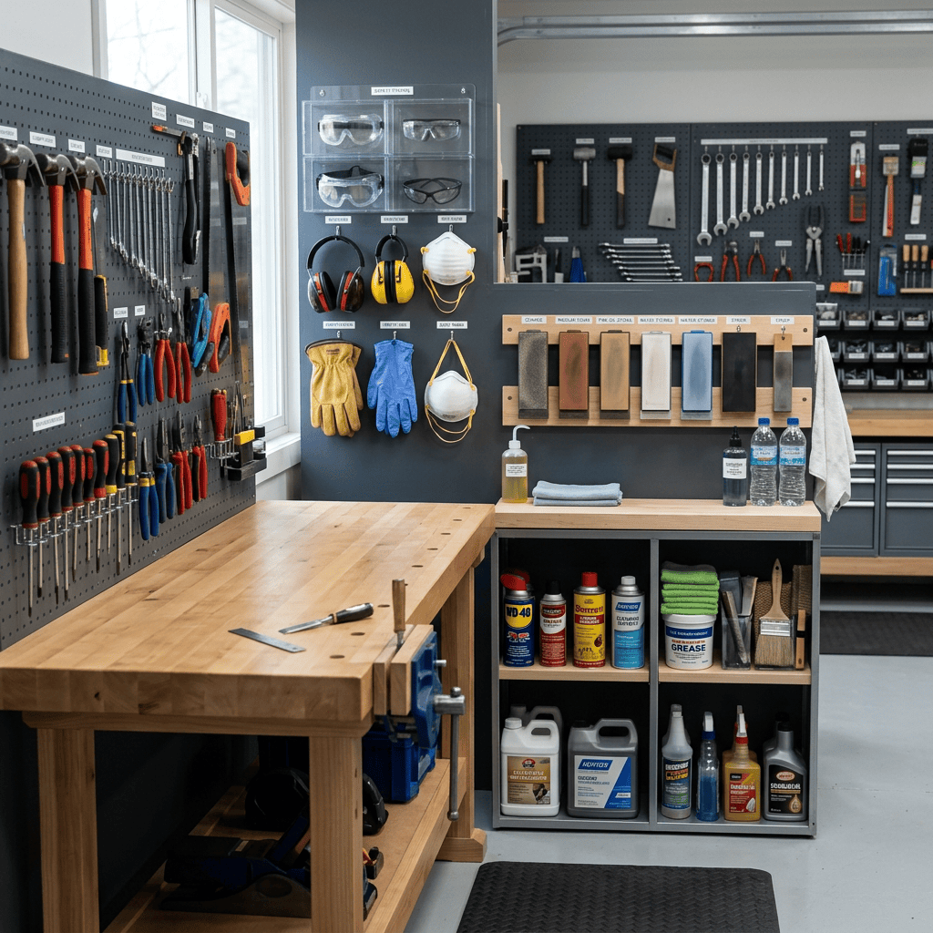 Woodworking tools stored safely with maintenance equipment and protective safety gear in an organized workshop.