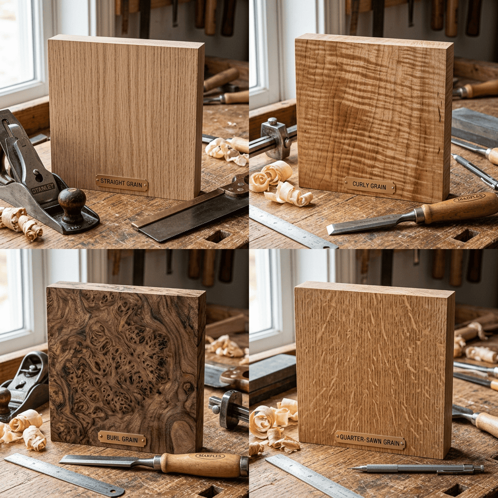 A split view comparison of different wood types, highlighting hardwood and softwood characteristics.