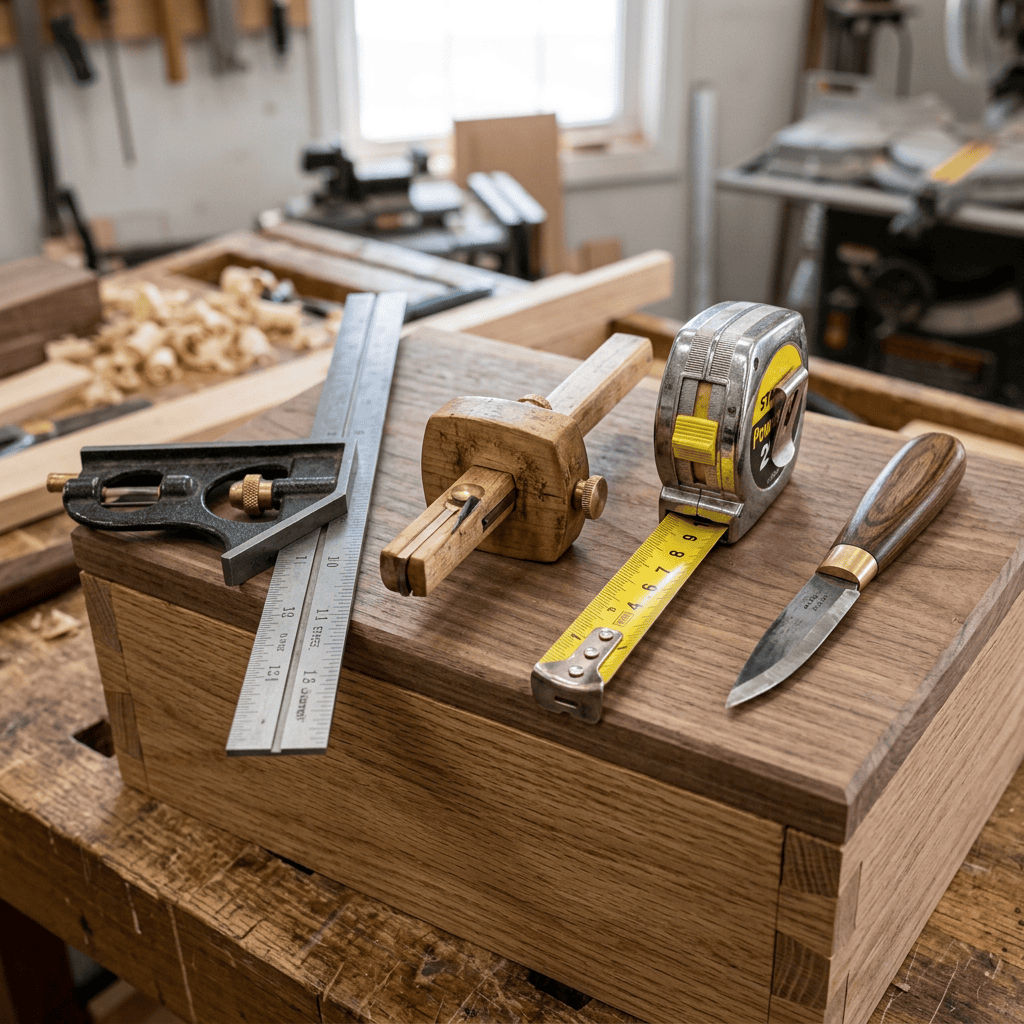 Essential woodworking accessories including combination square, marking gauge, tape measure, and marking knife for precision woodworking