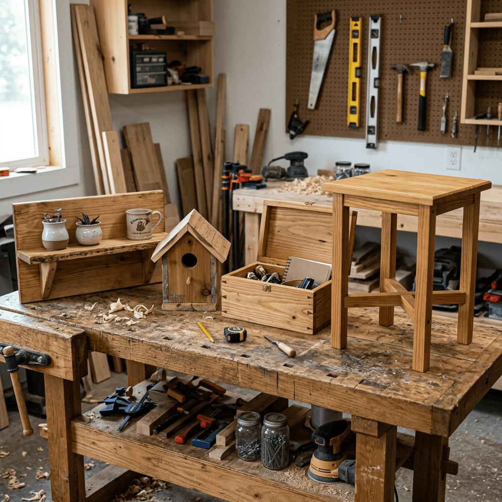 Simple projects built using woodworking tools for beginners, including shelves, boxes, and a birdhouse.