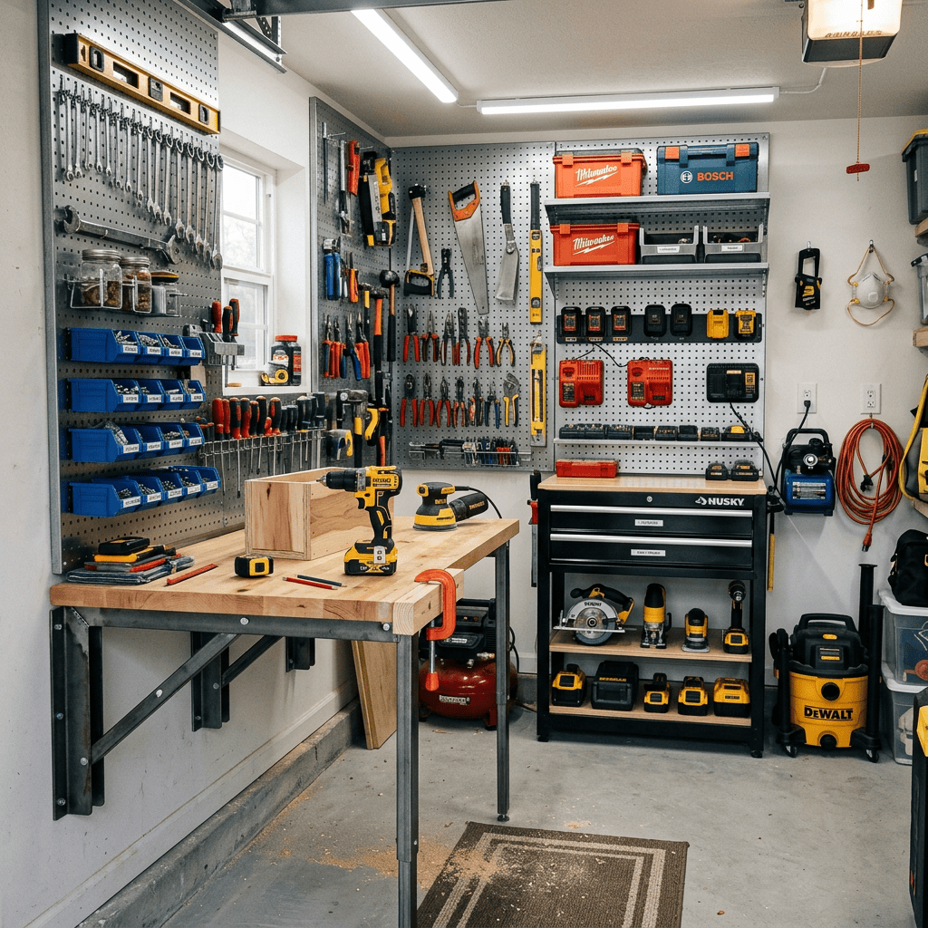 Hand tools vs. power tools organized with space-saving storage solutions in a small workshop