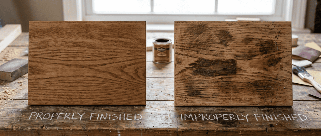 Woodworking mistakes resulting from poor sanding and finishing techniques on a wooden surface.