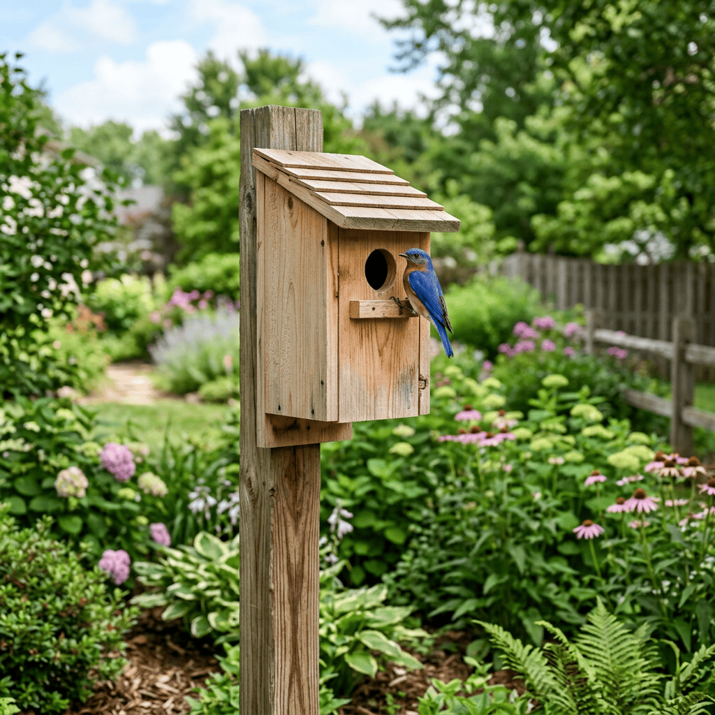 DIY birdhouse plans featuring a completed wooden birdhouse installed outdoors for backyard birds.