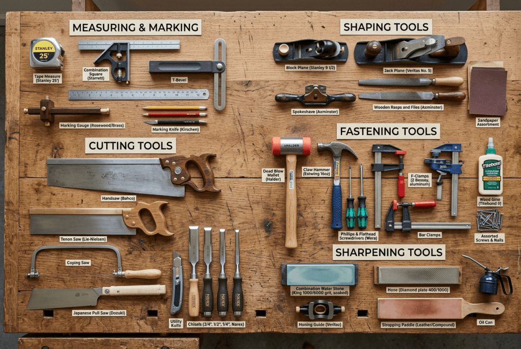 Complete collection of essential hand tools for woodworking beginners including chisels, planes, hand saws, clamps, and measuring tools.