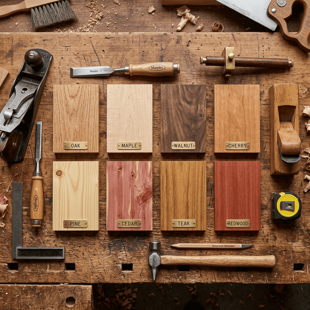 Premium kitchen counter displaying cutting boards made from maple, walnut, and bamboo wood types.