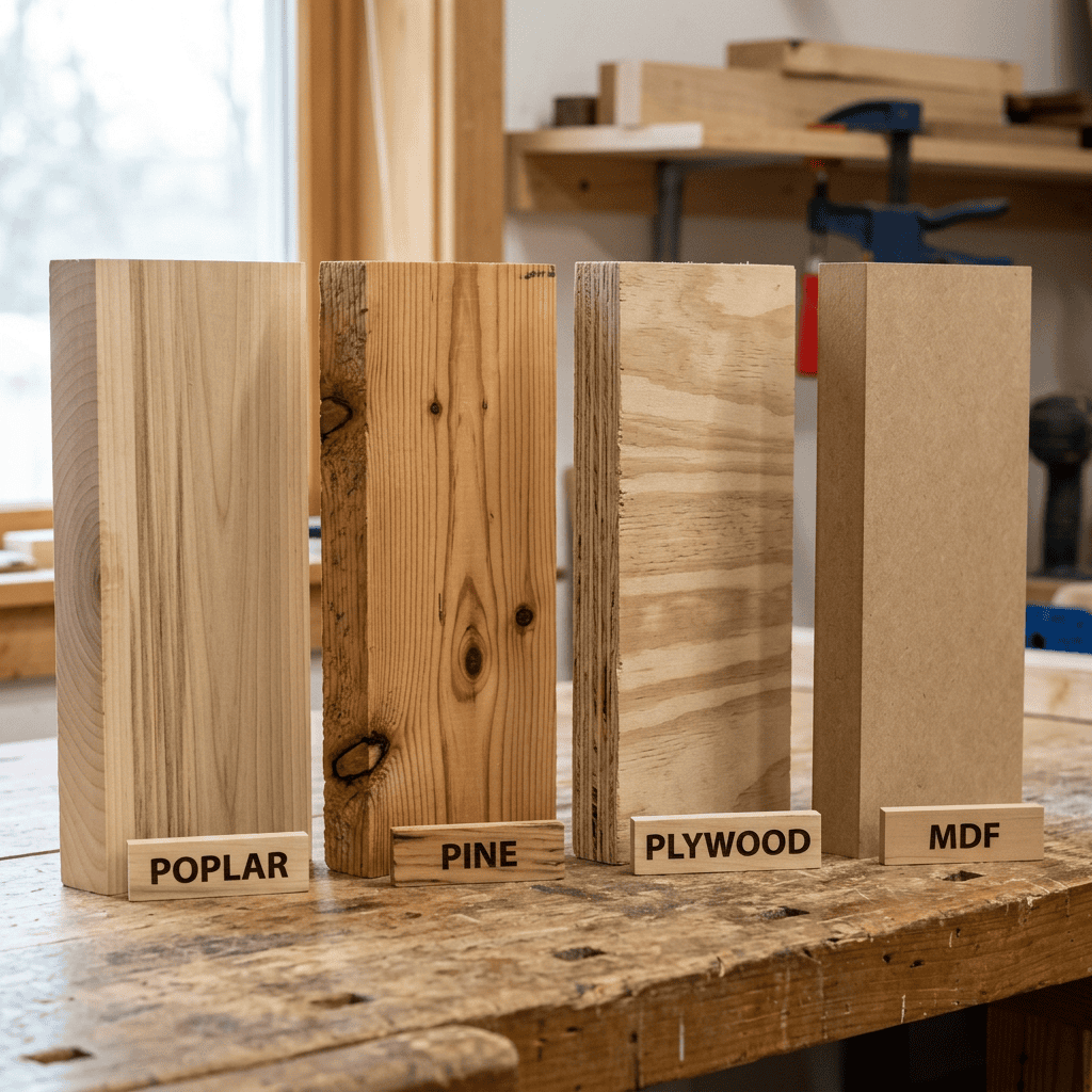 Infographic comparing wood types: density, grain, durability, and tree origins.