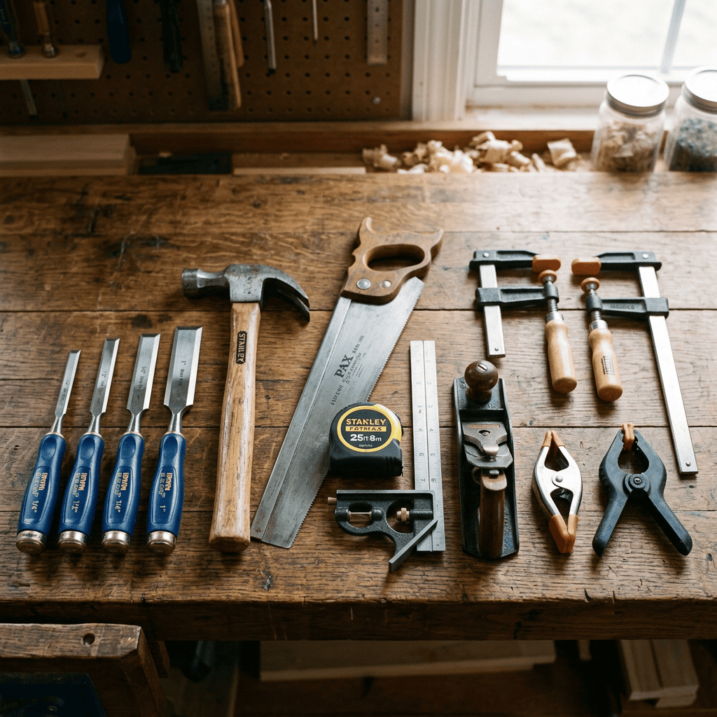 Essential woodworking tools for beginners including hand saw, chisels, hammer, square, tape measure, and clamps.