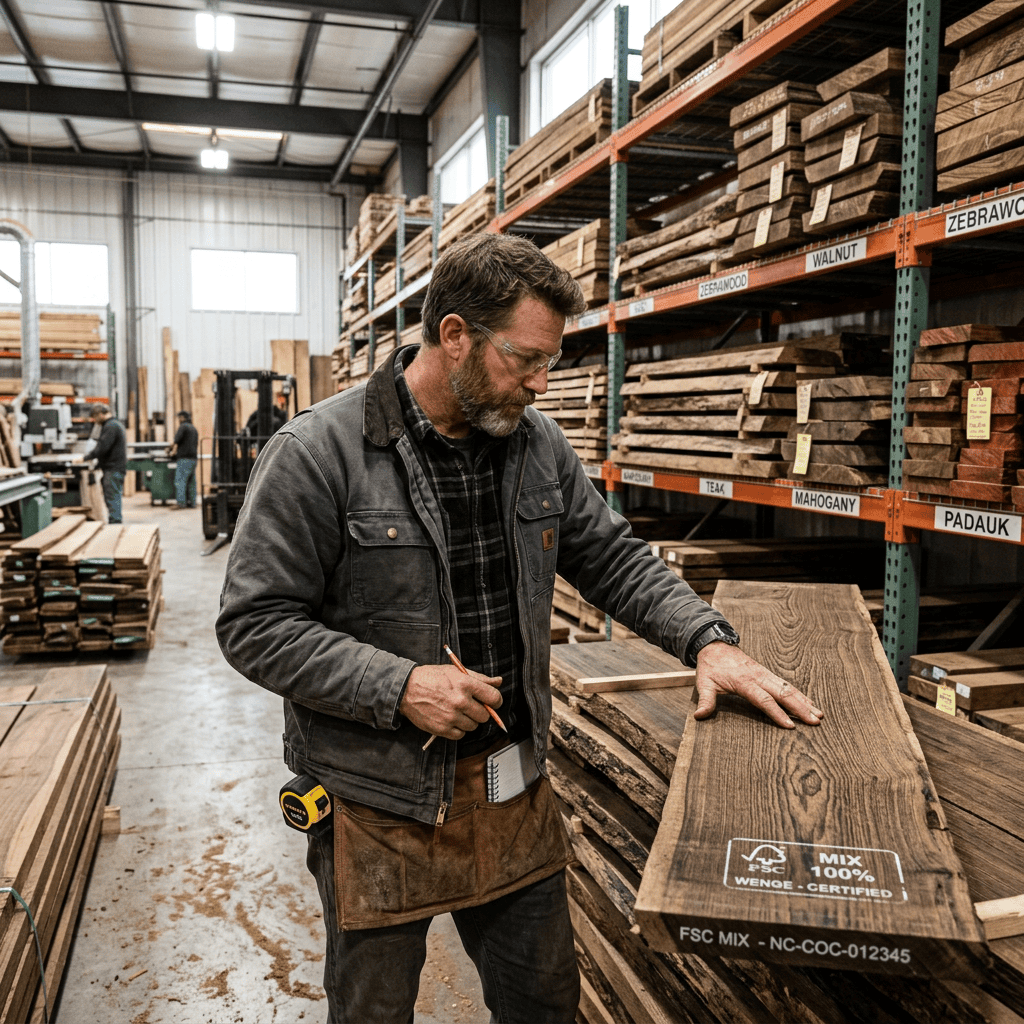 A workshop scene demonstrating the best wood choices for furniture from different wood types.
