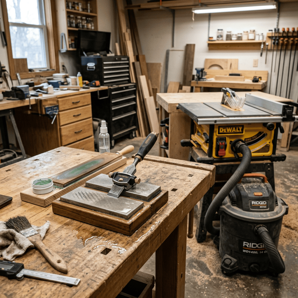 Woodworking accessories including sharpening stones, honing guide, leather strop, and dust collection system in a workshop
