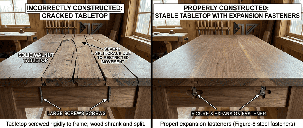 Woodworking mistakes involving wood movement issues and incorrect joinery techniques in furniture construction.