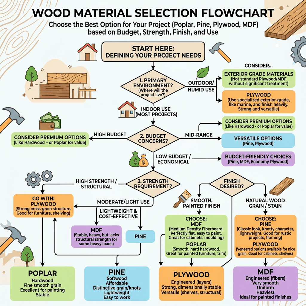 Poplar vs pine vs plywood vs MDF decision guide for selecting the right budget wood for woodworking projects