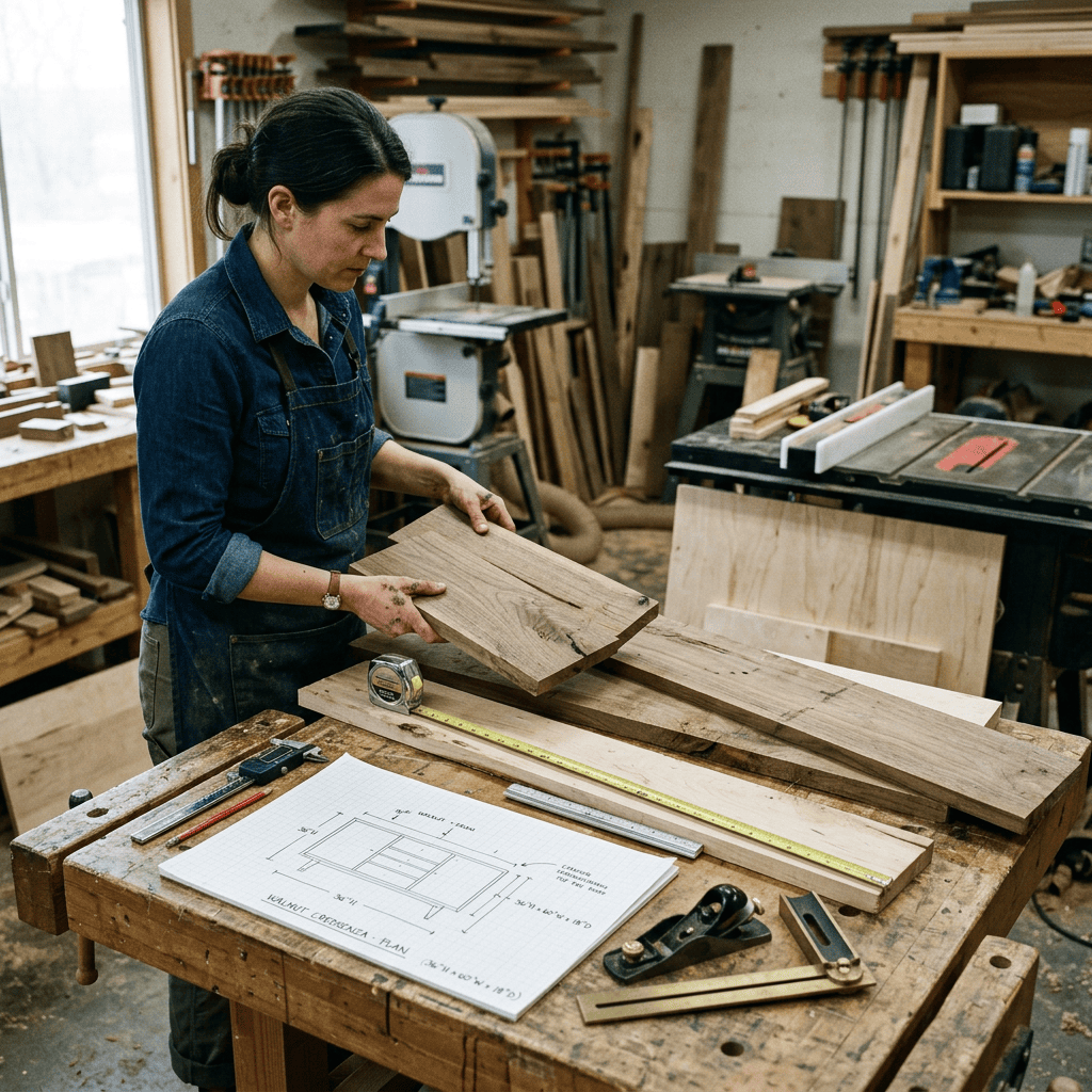 Wood types selection guide showing a woodworker comparing lumber for woodworking and DIY projects.
