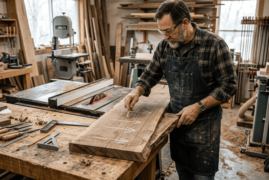 Woodworker identifying wood grain patterns and grain direction before cutting and woodworking.