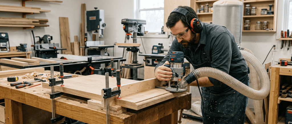 Best routers for woodworking used safely with eye protection, clamps, and dust collection system