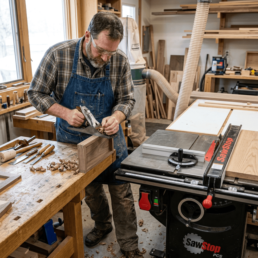 Hand tools vs. power tools demonstrating precision craftsmanship and woodworking efficiency