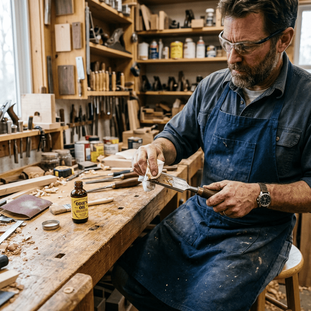 Woodworking tool maintenance demonstrating cleaning woodworking tools and applying protective oil after use.