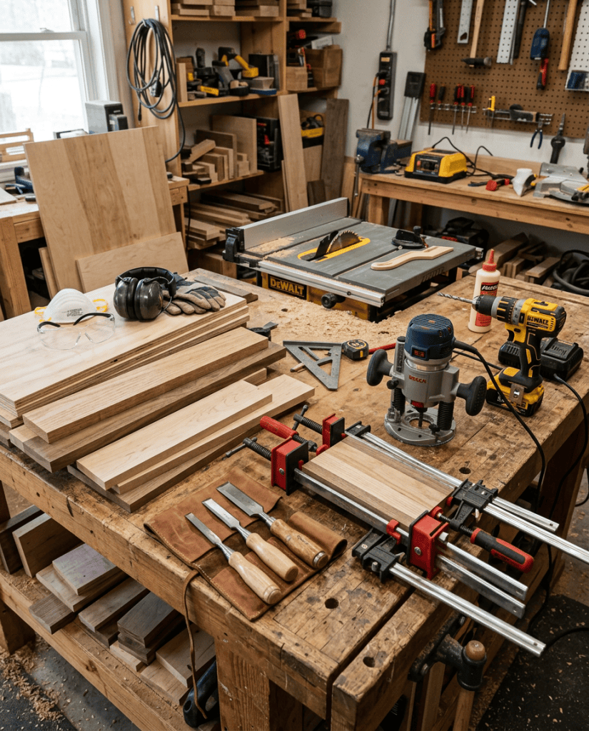 Custom furniture building guide featuring woodworking tools, hardwood materials, and essential woodworking techniques.