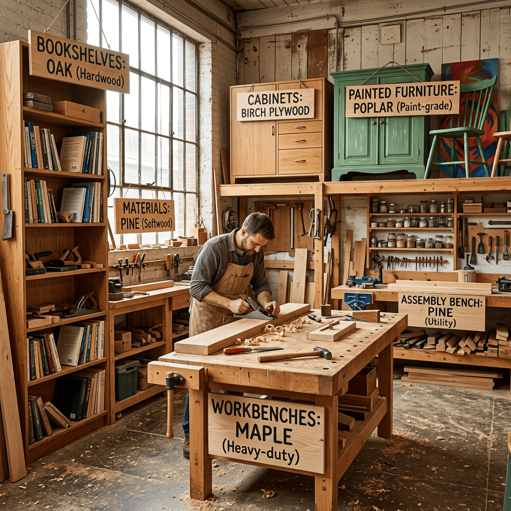 Poplar vs pine vs plywood vs MDF demonstrating the best wood choice for furniture, shelving, cabinets, and DIY projects